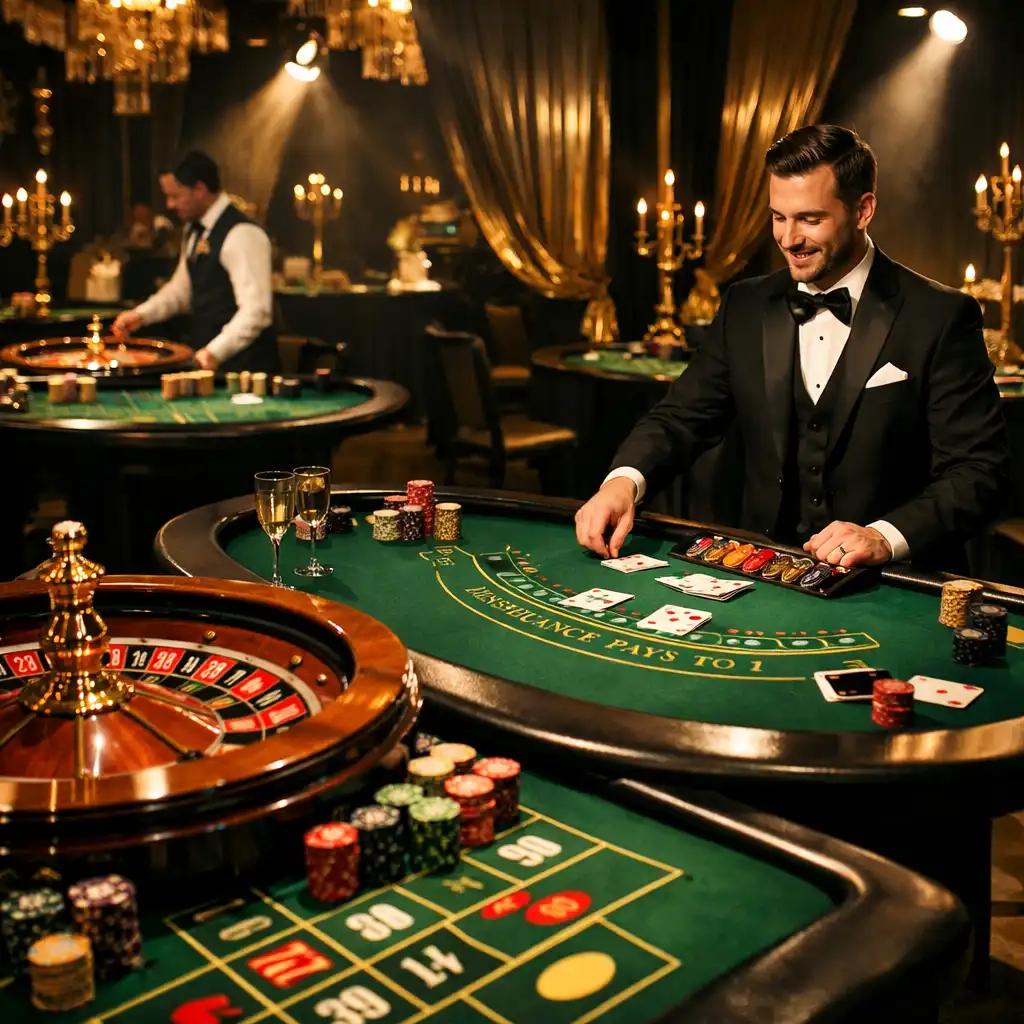 Kaszinó est rulett és blackjack asztalokkal